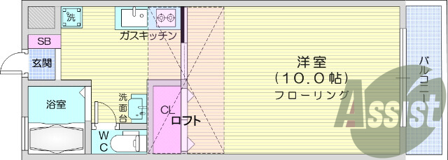 1K、エアコン、システムキッチン、バルコニー