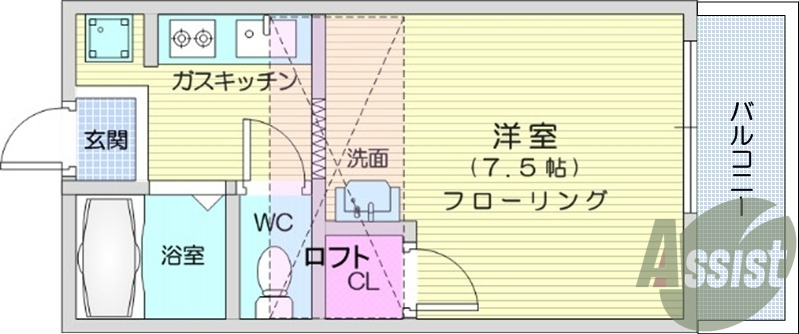 1K・ロフト1.5帖・バス、トイレ別・収納