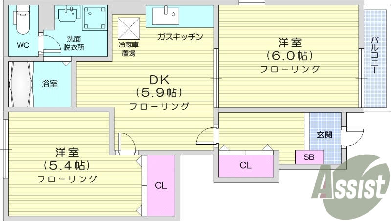 2DK、追い焚き機能浴室、バストイレ別、角部屋