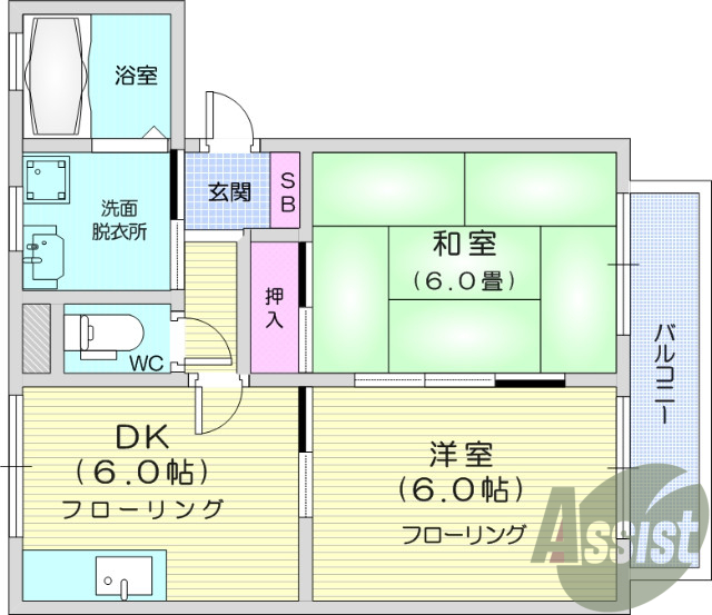 2DK、独立洗面台、エアコン、シューズボックス