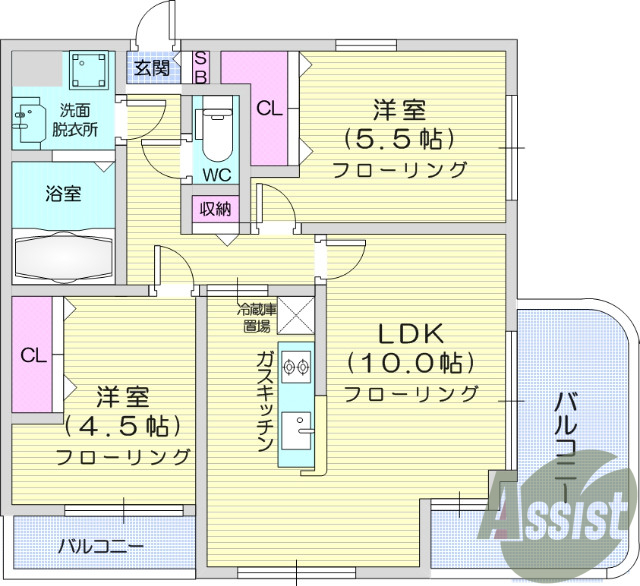2LDK、システムキッチン、TVインターホン。