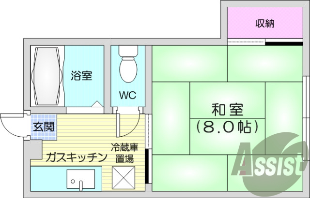 1K、和室、収納、バストイレ別キッチン
