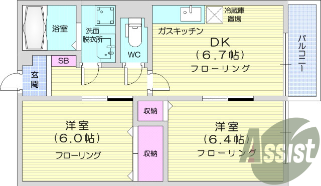 ２DK、追い炊き機能、モニタ付インターホン。