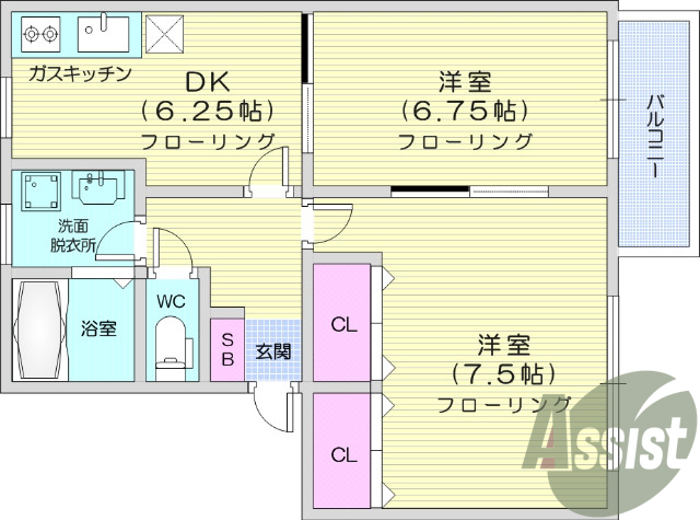 2DK、角部屋、追い焚き、洗髪洗面化粧台、インターホン