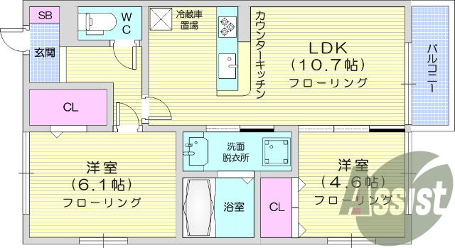 2LDK、エアコン、バストイレ別、一坪風呂