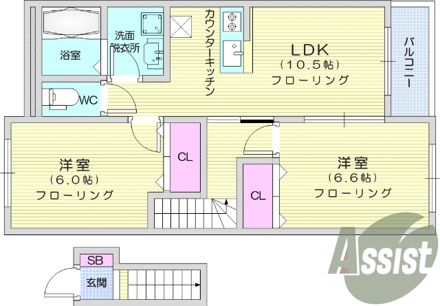 2LDK、角部屋、都市ガス、カウンターキッチン、追焚機能