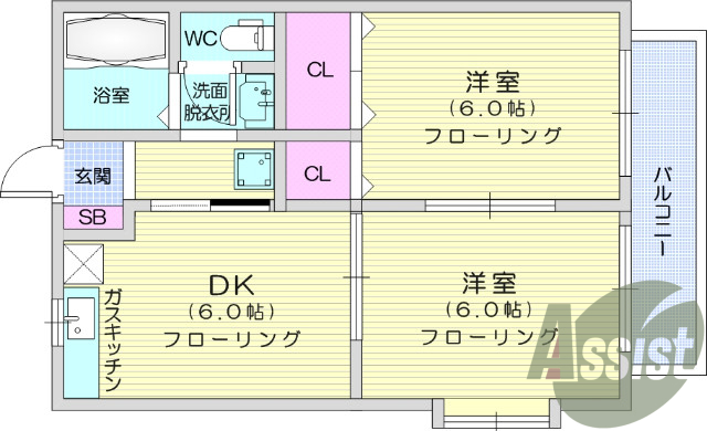 2DK、フローリング、エアコン、クローゼット
