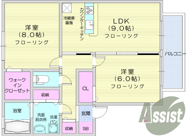 ２ＤＫ、バルコニー、ウォークインクローゼット