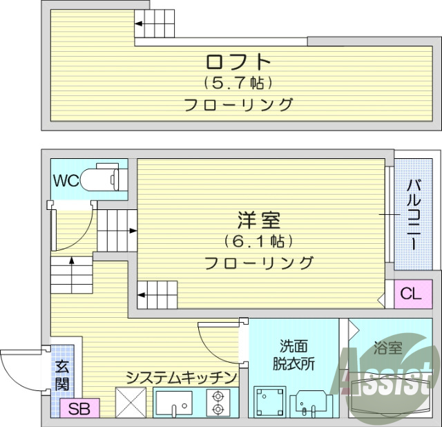 1K、システムキッチン、インターネット無料、浴室暖房