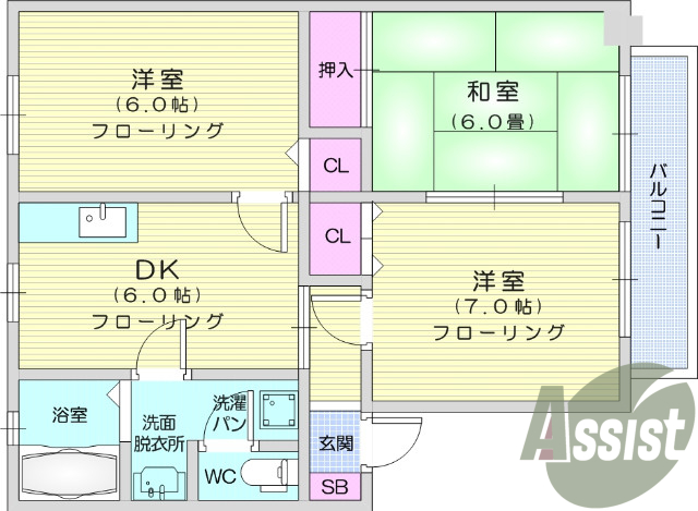 3DK、バルコニー、追焚機能、シャンプードレッサー