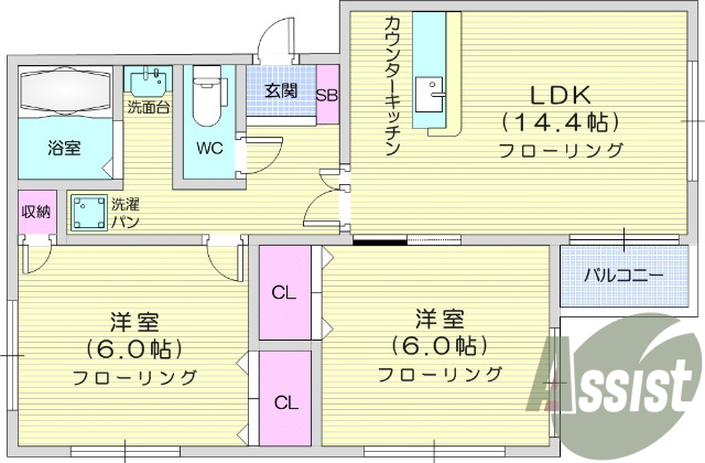2LDK、モニター付きインターホン、エアコン