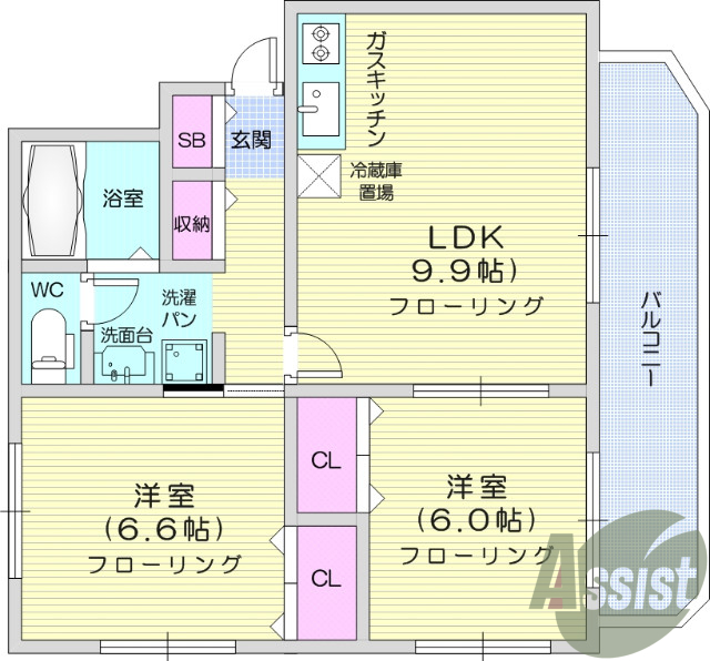 2LDK、エアコン、バストイレ別、独立洗面台