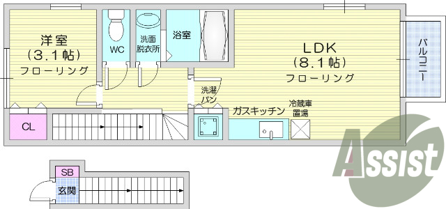 1LDK、エアコン、バストイレ別、インターネット無料