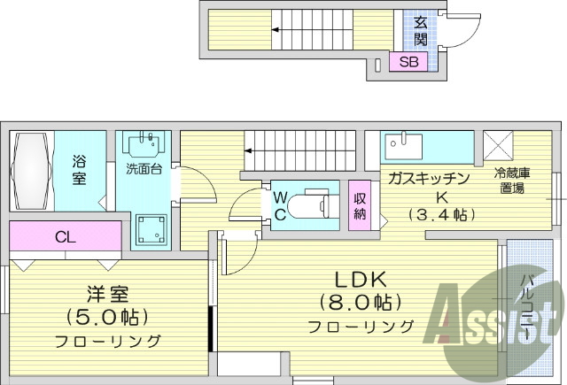 1LDK、都市ガス、敷地内駐車場、複層ガラス、エアコン２台