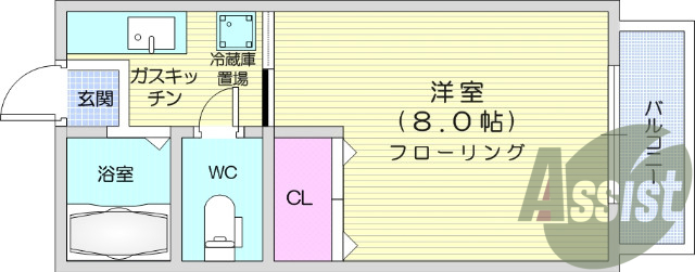 1K、バス・トイレ別、日当たり良好、ガスコンロ設置可。