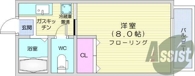 1K、バス・トイレ別、日当たり良好、ガスコンロ設置可。