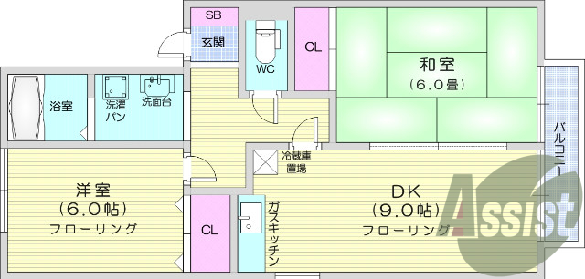 ２DK、風呂トイレ別、シャワートイレ、バルコニー