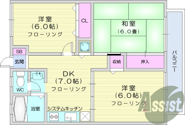3ＤＫ、システムキッチン、洗面化粧台、エアコン