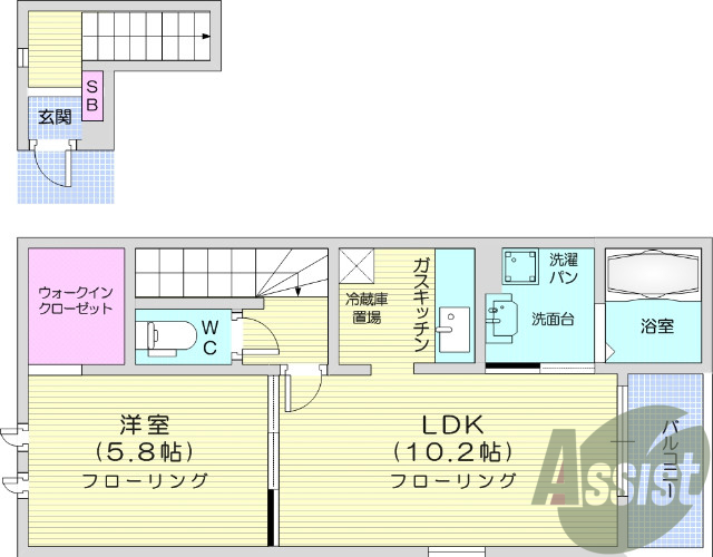 １LDK、バス・トイレ別、エアコン２台設置済。