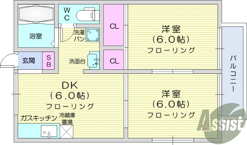 ２DK、ガスキッチン、洗濯機置場失礼、ウォシュレット