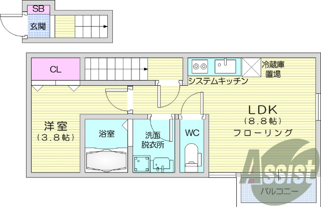 1LDK、シャンプードレッサー、追い焚き機能、浴室乾燥機