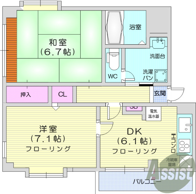 2DK、エアコン、システムキッチン、洗面化粧台