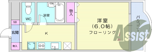 1K、都市ガス、インターネット無料、バス・トイレ別