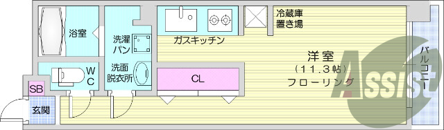 １Ｒ、フローリング、システムキッチン、シャンプードレッサー