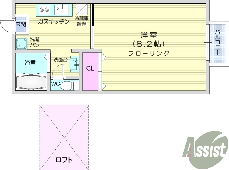 １K、独立洗面台、ロフト付き、バス・トイレ別