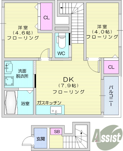 2DK、バストイレ別、温水洗浄便座付き、室内洗濯置場