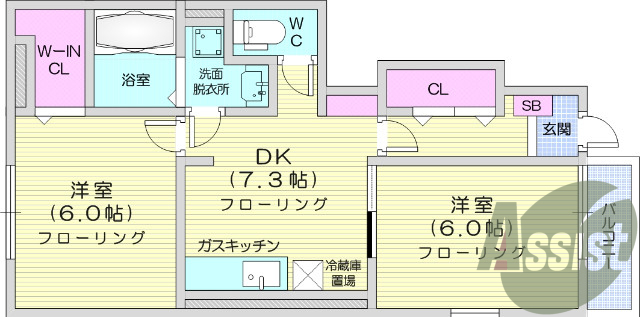 2DK、TVインターホン、エアコン、バストイレ別。
