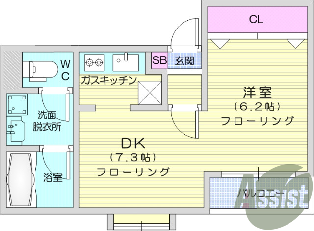 1DK、フローリング、システムキッチン、家具家電付き