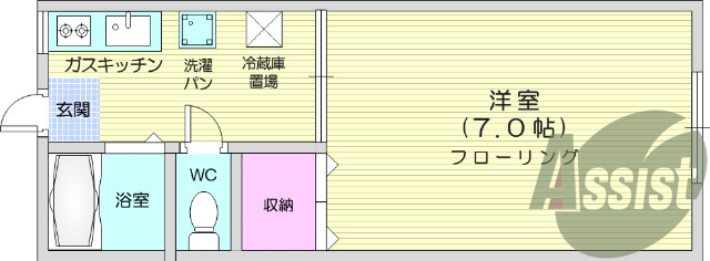 １Ｋ，南向き、温水洗浄便座、都市ガス、フローリング