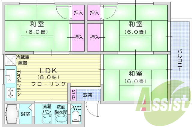 3LDK、エアコン、室内洗濯機置場、トイレ浴室別、収納