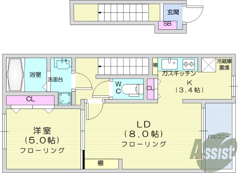 1LDK、ＢＴ別、浴室乾燥機、温水洗浄便座、シャワー付洗面台