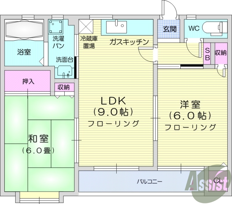 2LDK、バストイレ別、独立洗面台、追焚機能