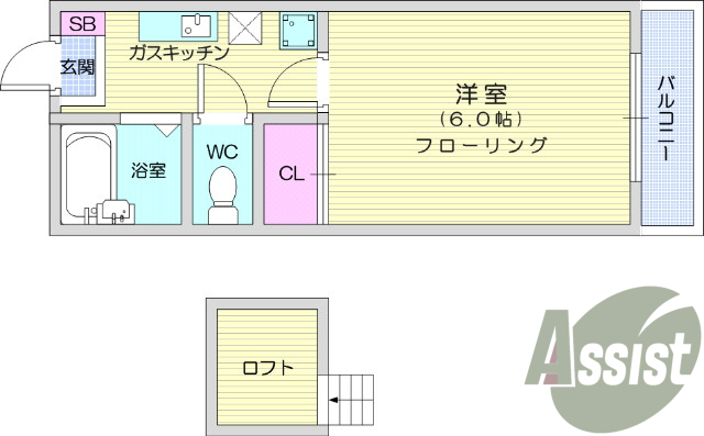 1K、ロフト、クローゼット、室内洗濯機置場、給湯