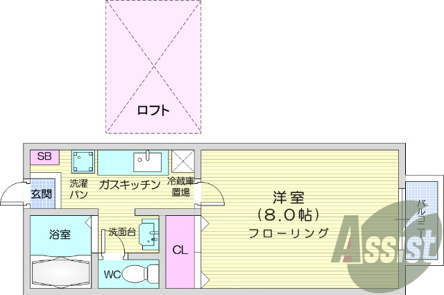 １K、駐車場一台無料、ロフト付き、独立洗面台