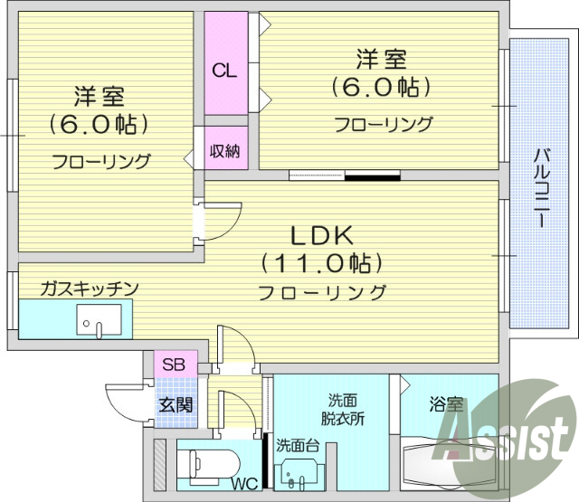 ２ＬＤＫ、バス・トイレ別、バルコニー、クローゼット