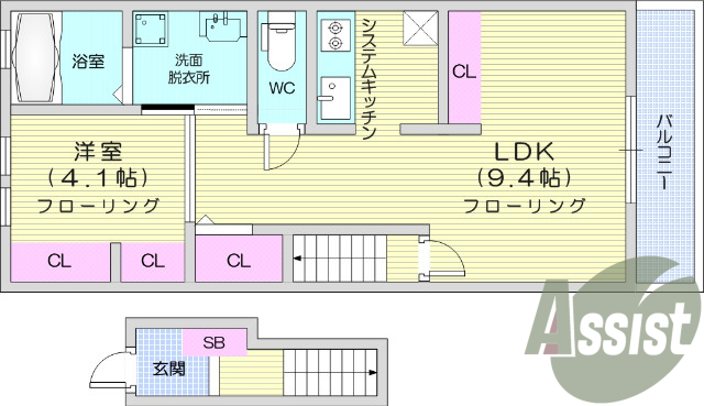 １LDK、システムキッチン、シャンプードレッサー、エアコン