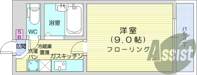 1K、水道定額、バス・トイレ別、南向き、エアコン