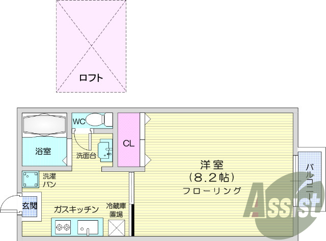 1K、室内洗濯機、独立洗面台、ロフト付き