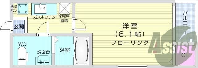 1K、独立洗面台、室内洗濯機置き場、シャッター付き