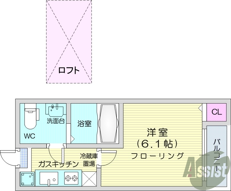 1K、独立洗面台、室内洗濯機置き場、シャッター付き