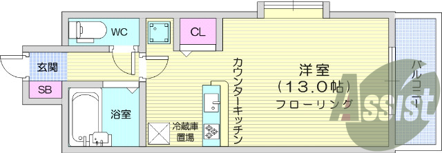 ワンルーム、カウンターキッチン、フローリング、都市ガス