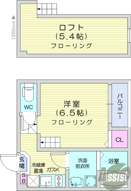 ロフト付き、1K、光ファイバー、防犯シャッター、浴室乾燥機