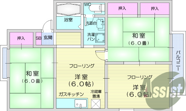 3DK、追焚機能、バス・トイレ別、独立洗面台