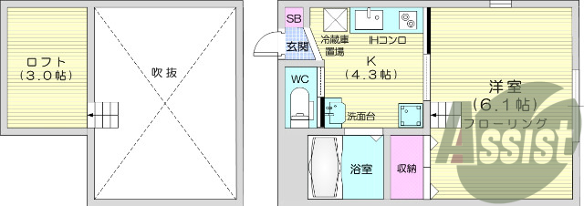 1K、バストイレ別、エアコン付、クローゼット