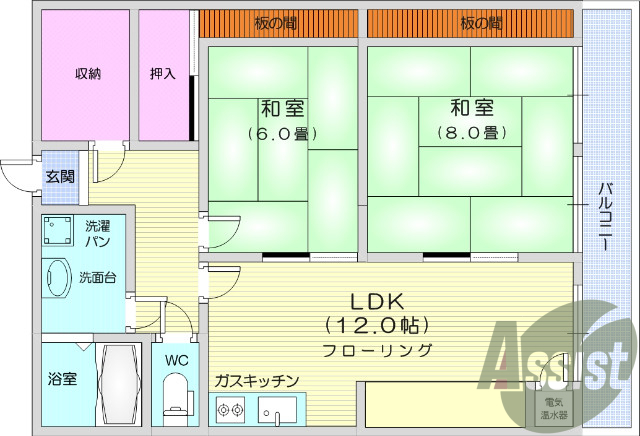 2SLDK、都市ガス、オートロック、エレベーター、角部屋
