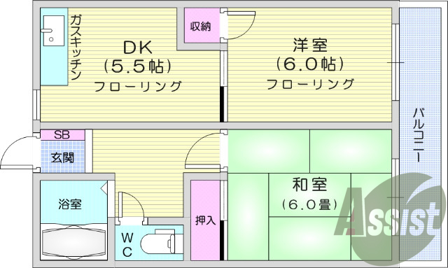 2DK、モニター付インターホン、シャンプードレッサー
